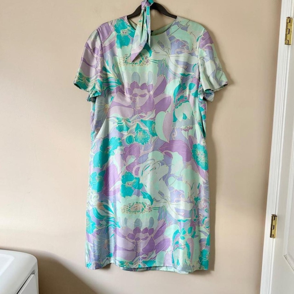 Vintage 60s Silk Floral Mini Shift Dress purple blue gold Large Mod